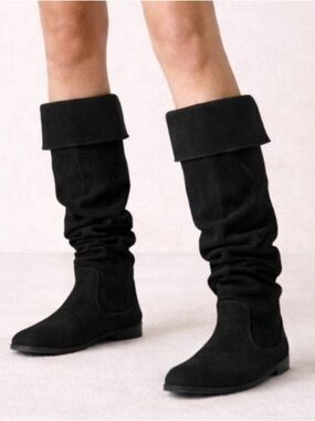 Gianni Bini Black Suede Slouch Knee High low heel Boots Foldover Cuff Size 8M